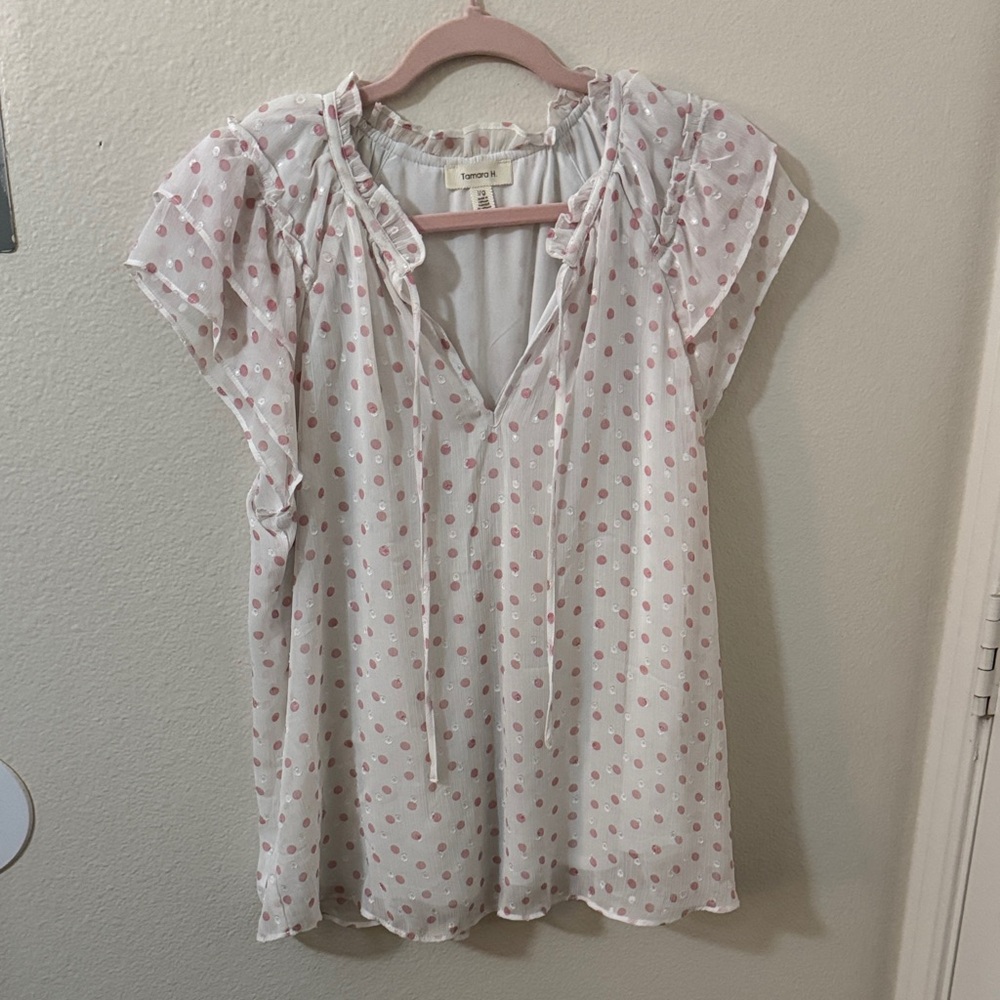 Elegant White and Pink Polka Dot Blouse